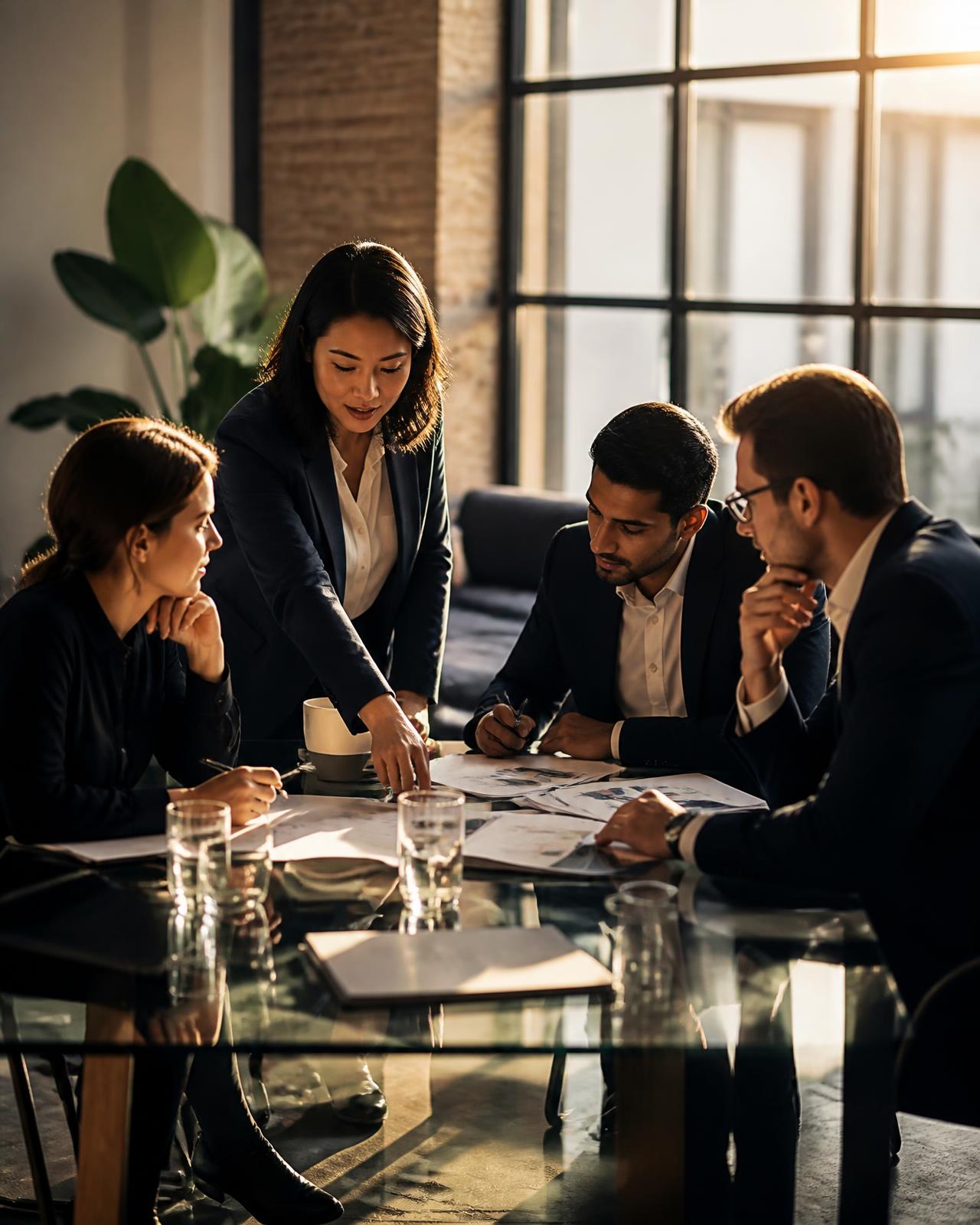 Consulting team reviewing growth strategy documents in a sunlit office